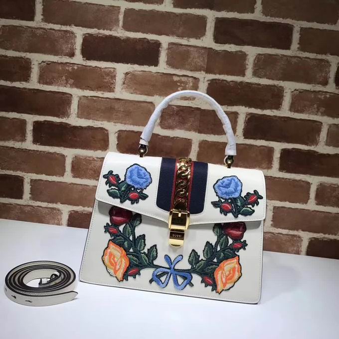  Gucci Sylvie embroidered leather top handle bag white leather