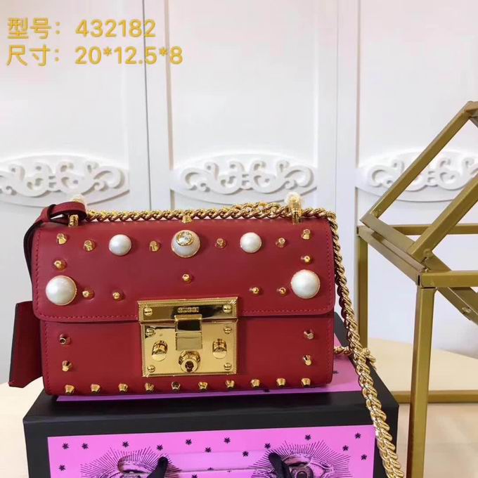  Gucci Padlock studded leather shoulder bag red