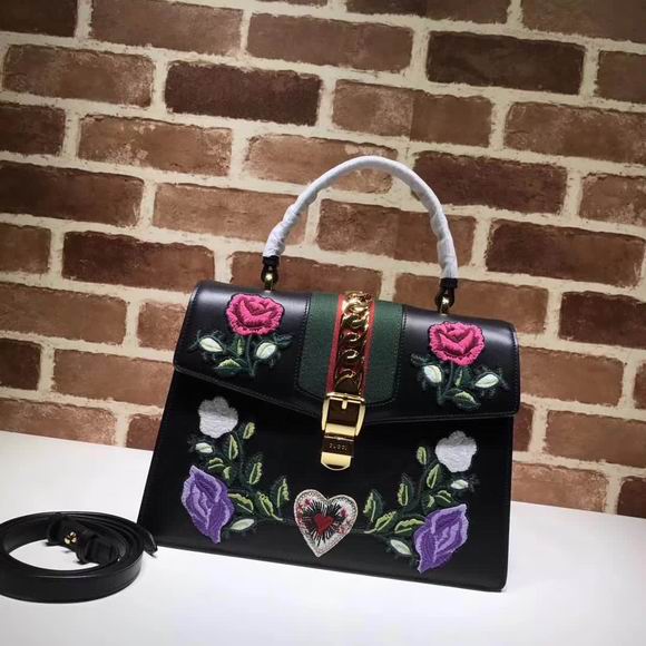  Gucci Sylvie Embroidered Leather Top Handle Bag black Leather